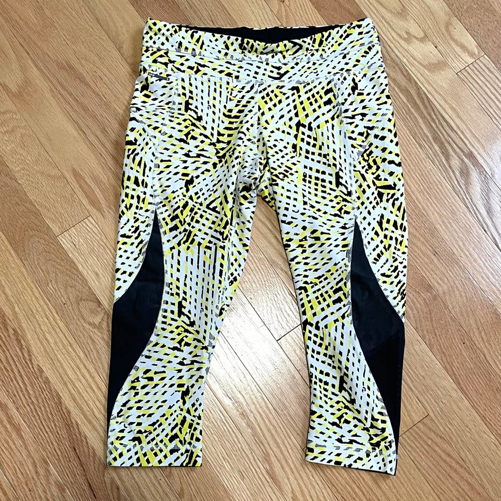 Lole Yellow Black White Run Capri Leggings Pants Yoga Workout
